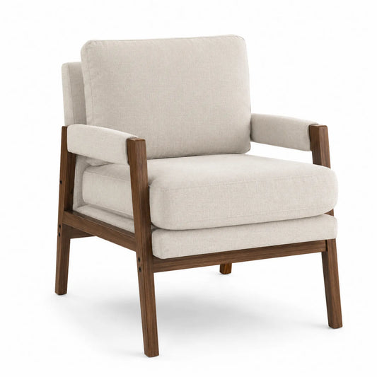 Holzrahmen-Sessel mit Leinenbezug Beige