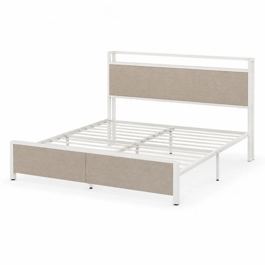 Metall-Doppelbettgestell Weiß Leinen Beige 200x160 cm