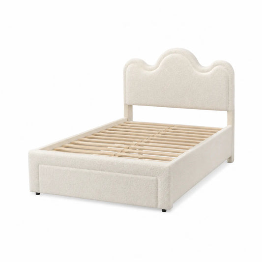 Bett mit Kopfteil Wellendesign Creme 200x160 Holz Stoffbezug